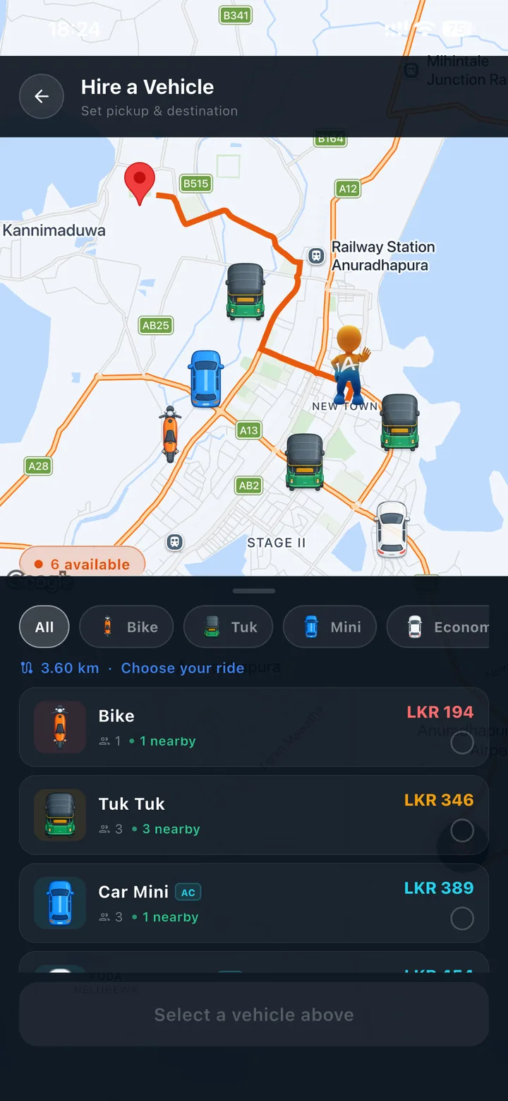 Booking a ride in ANYLK with the fare shown for each vehicle