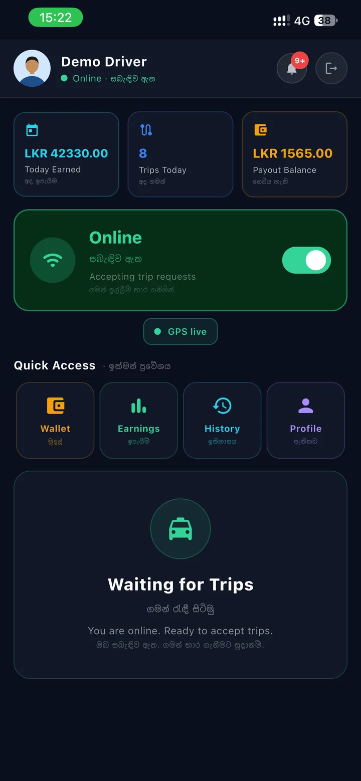 ANYLK Partner driver dashboard, online and waiting for trips